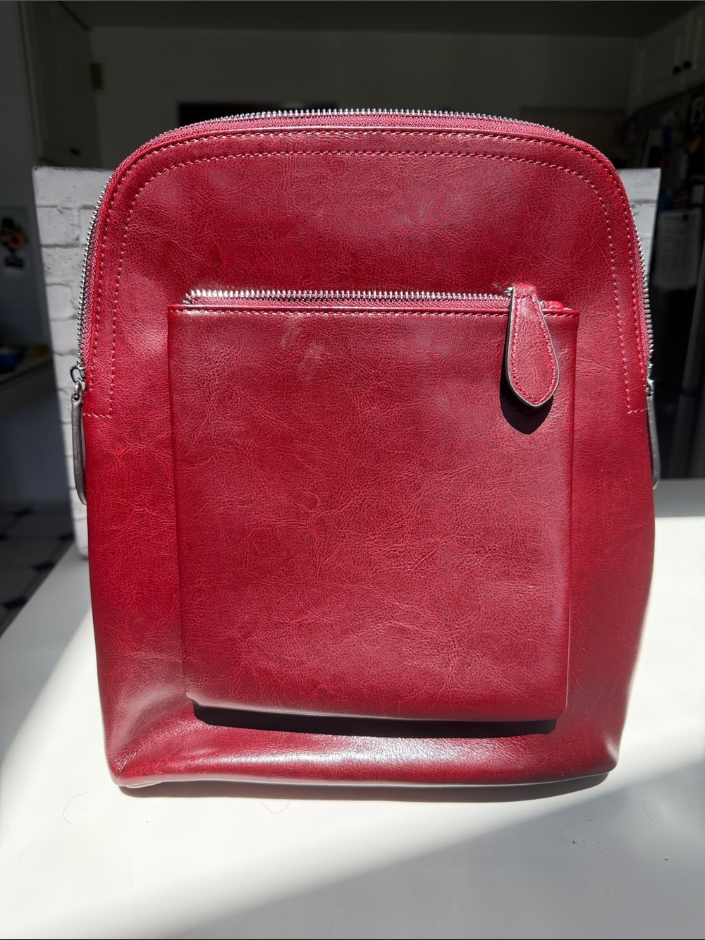 Men's Red Leather Backpack with Front Zip Pocket